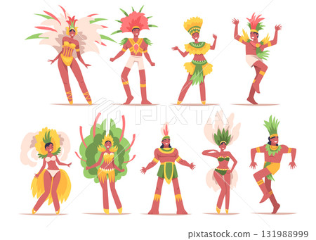 People at Brazilian Carnival Dressed Colorful Feather Outfit Dancing Vector Set 131988999