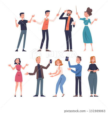 People Character Talking about Something Standing and Speaking Vector Set 131989063