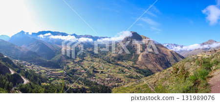 Nice view of the town of Pisac from the ruins with the same name in Cusco. Panoramic Nice view of the town of Pisac from the ruins with the same name in Cusco. Panoramic 131989076