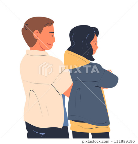 Man and Woman Character Standing Look Aside as Opposition to Somebody Vector Illustration Man and Woman Character Standing Look Aside as Opposition to Somebody Vector Illustration 131989190