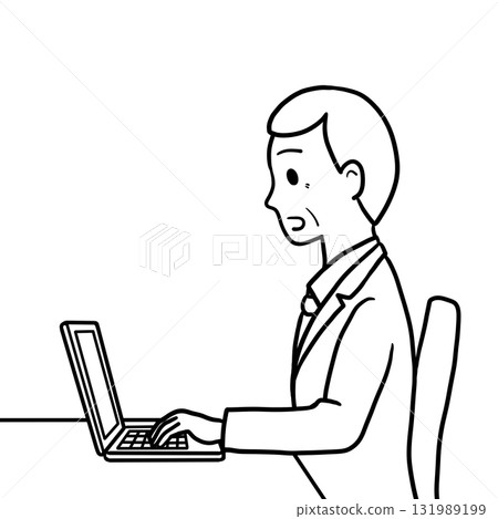 一位老人帶著驚訝的表情在電腦上工作（僅線條畫，橫向） 131989199
