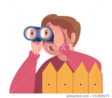 Man Character Spying, Observing and Sneaking Looking and Peeping Out Fence with Binocular Vector Illustration 131989275