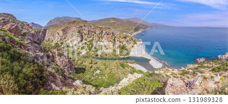 Aerial view of Preveli Beach and palm forest Crete 131989328