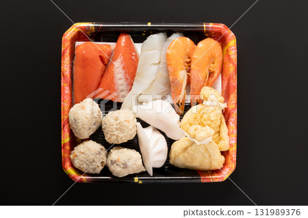Hot pot ingredients set (shrimp, cod, salmon, fish balls, boiled dumplings, mochi pouches) Hot pot ingredients set (shrimp, cod, salmon, fish balls, boiled dumplings, mochi pouches) 131989376