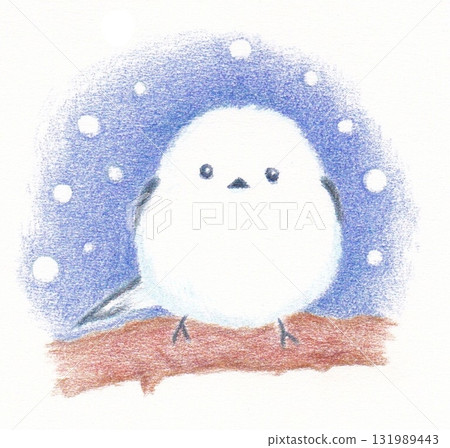 A long-tailed tit stares intently at us through the snow with its round eyes. 131989443