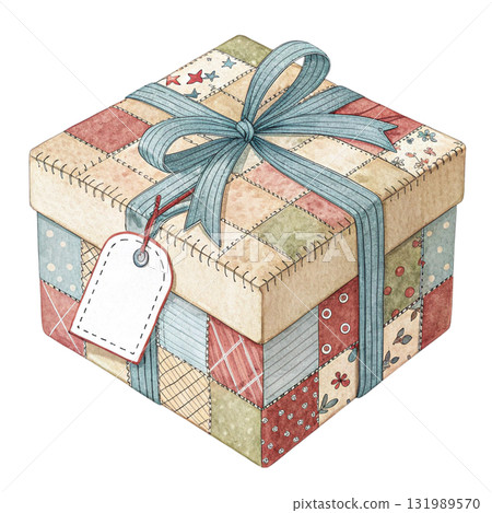 A folk art patchwork fabric giftbox and tag 131989570