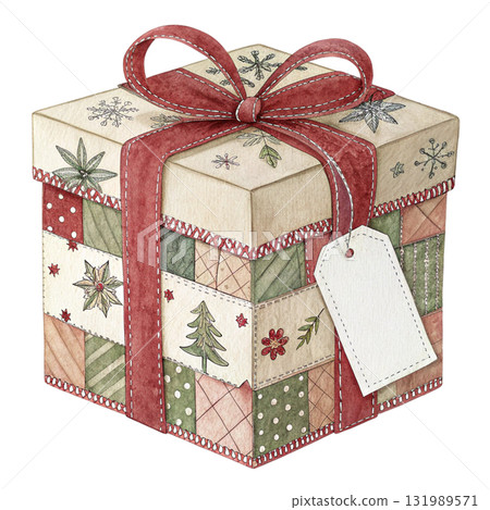 A folk art patchwork fabric giftbox and tag A folk art patchwork fabric giftbox and tag 131989571