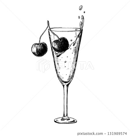 A stylish vector champagne glass with a black and white cherries in an engraved style. An element for festive design and decor for birthdays, weddings, and anniversaries. A stylish vector champagne glass with a black and white cherries in an engraved style. An element for festive design and decor for birthdays, weddings, and anniversaries. 131989574