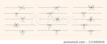 Minimal line ribbon, knot with tie bow. Outline hand drawn sketch string for gift box, package, present. Simple vector illustration. Minimal line ribbon, knot with tie bow. Outline hand drawn sketch string for gift box, package, present. Simple vector illustration. 131989930