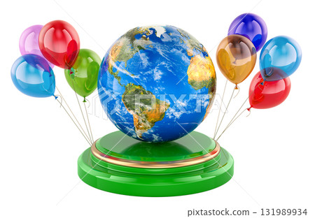 Earth Globe on pedestal with colored balloons. 3D rendering 131989934
