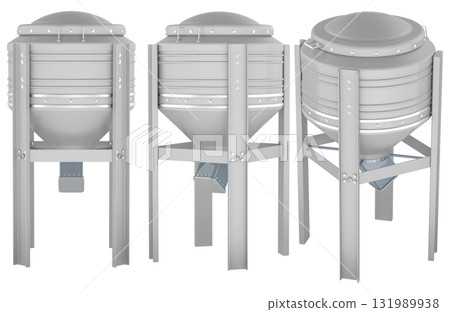 Industrial metal silos, storage bunkers for bulk materials, different angles. 3D rendering Industrial metal silos, storage bunkers for bulk materials, different angles. 3D rendering 131989938