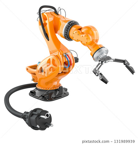 Industrial robot arm with power cord. 3D rendering 131989939