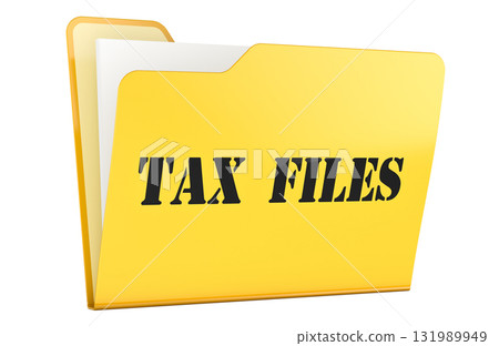 Tax Files folder, yellow file folder with documents. 3D rendering 131989949