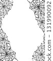 A vertical frame with a spider web. Black outline drawing for Halloween. Hand-drawn graphic frame with space for text. Line drawing of creepy threads for holiday decorations, cards, and invitations. 131990092