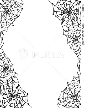A vertical frame with a spider web. Black outline drawing for Halloween. Hand-drawn graphic frame with space for text. Line drawing of creepy threads for holiday decorations, cards, and invitations. 131990092