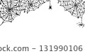 Horizontal frame with a spider hanging from a web. Black outline drawing for Halloween. Hand drawn graphic frame with space for text. Line illustration of a creepy insect, threads for decoration. 131990106