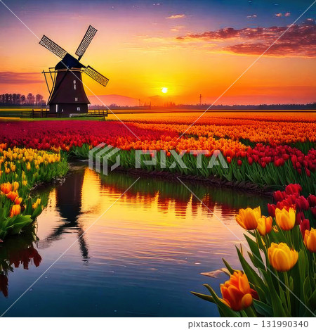 Windmill surrounded by vibrant tulip fields, traditional Dutch landscape with water channels reflecting the golden hues of sunset, pastoral and serene setting, the windmill silhouetted against a glowi 131990340