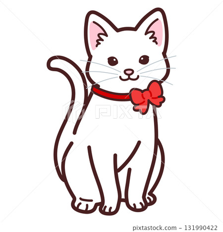 一隻繫著紅色絲帶的可愛白貓的插圖 一隻繫著紅色絲帶的可愛白貓的插圖 131990422