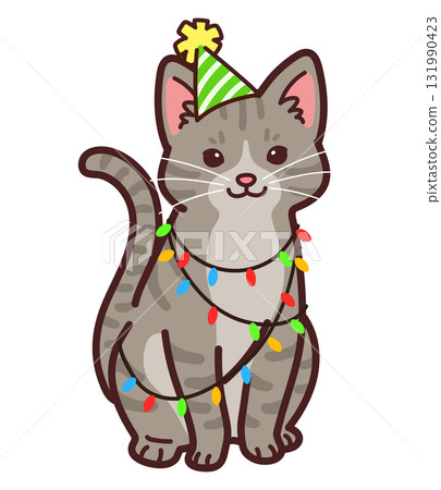 Illustration of a cute tabby cat dressed for a party Illustration of a cute tabby cat dressed for a party 131990423