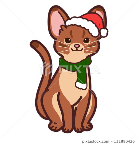 一隻穿著聖誕服裝的可愛的阿比西尼亞貓的插圖 131990426