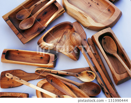 wooden kitchen ware on white background isolated 131990444