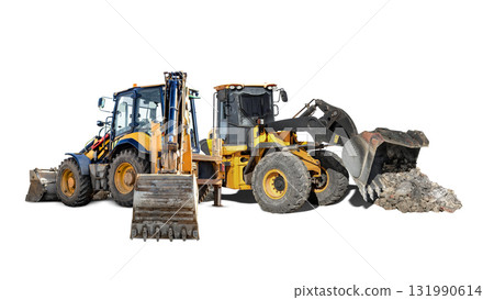 Heavy construction machinery on an isolated site ready for rent and contract work 131990614
