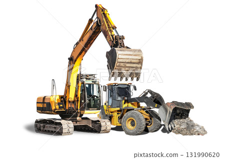 Construction equipment ready for use in isolated site for rent contract work Construction equipment ready for use in isolated site for rent contract work 131990620