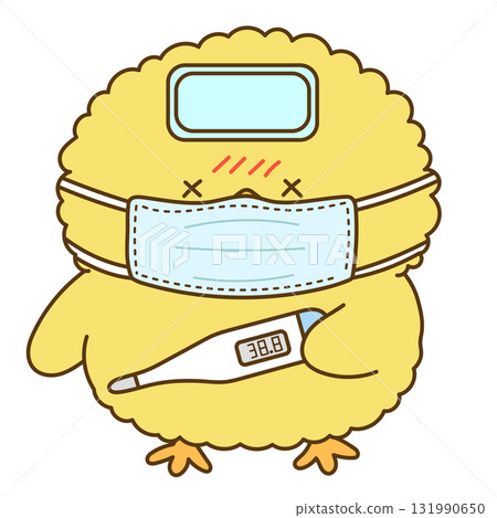 一隻感冒的小雞正在用溫度計測量體溫 一隻感冒的小雞正在用溫度計測量體溫 131990650