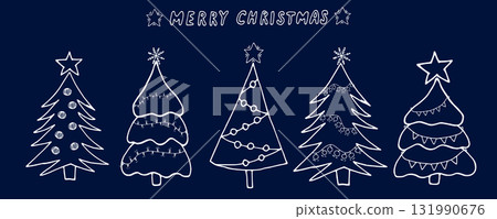 A collection of Christmas trees with garlands, stars, and snowflakes. Graphic illustration. Merry Christmas and Happy New Year! Hand drawn doodles. Perfect for winter cards and New Year's posters. A collection of Christmas trees with garlands, stars, and snowflakes. Graphic illustration. Merry Christmas and Happy New Year! Hand drawn doodles. Perfect for winter cards and New Year's posters. 131990676