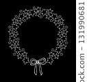 Wreath, frame of stars and bow. White outline on a black background. Decoration for festive decoration. New Year Christmas. Simple graphics in doodle style. Hand drawn illustration. 131990681