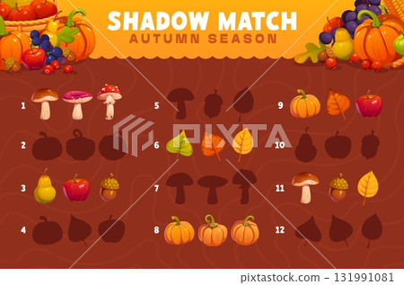 Shadow match game worksheet with autumn leaves, mushrooms, fruits and pumpkins, acorn and apples. Cartoon vector matching game for kids with seasonal harvest. Fall season educational activities riddle 131991081