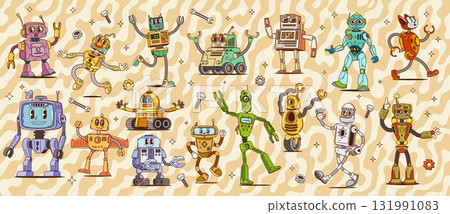 Cartoon groovy robot and droid toy characters. Cute retro space machines, vintage bot monsters, humanoid cyborgs and androids vector personages. Retro groovy robots with mechanical arms and buttons Cartoon groovy robot and droid toy characters. Cute retro space machines, vintage bot monsters, humanoid cyborgs and androids vector personages. Retro groovy robots with mechanical arms and buttons 131991083