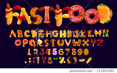 Fast food font, fastfood typeface, takeaway type, cartoon kids English alphabet. Vector playful letters, numbers and typography symbols set as burgers, hot dogs, pizza, donuts, fries, cheese and tacos 131991085