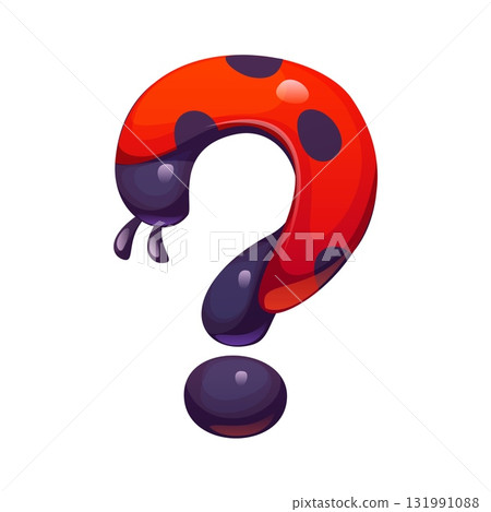 Ladybug cartoon font punctuation question mark. Garden lady bug kids ABC typeface symbol, spring ladybird vector typeset element. Red ladybug beetle English alphabet type sign or font punctuation mark 131991088