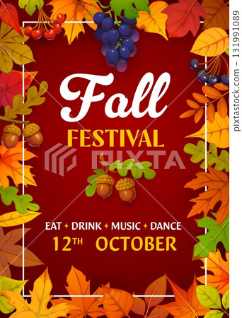 Autumn fall festival party poster or flyer with wooden background, autumn leaves, acorns, berries, grapes and pumpkins. Cartoon vector festive invitation card promotes celebration with music and dance Autumn fall festival party poster or flyer with wooden background, autumn leaves, acorns, berries, grapes and pumpkins. Cartoon vector festive invitation card promotes celebration with music and dance 131991089