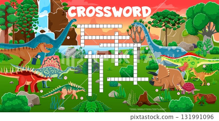 Crossword quiz game grid with funny prehistoric dinosaur animals. Paleontology science crossword game vector worksheet, prehistoric animals wordsearch quiz worksheet with cartoon dinosaurs characters Crossword quiz game grid with funny prehistoric dinosaur animals. Paleontology science crossword game vector worksheet, prehistoric animals wordsearch quiz worksheet with cartoon dinosaurs characters 131991096