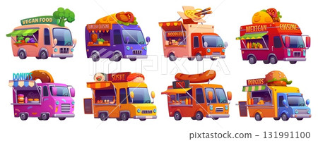 Cartoon food trucks for vintage festival, street foodtrucks with burgers and donuts, vector set. Street market food truck vendors of hot dogs and sushi, vegan food and Asian cuisine noodles foodtrucks Cartoon food trucks for vintage festival, street foodtrucks with burgers and donuts, vector set. Street market food truck vendors of hot dogs and sushi, vegan food and Asian cuisine noodles foodtrucks 131991100