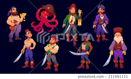 Cartoon medieval pirate and corsair characters with captain hats, swords and treasure gold. Funny pirate captain, sailor, skipper and boatswain vector characters wearing corsair costumes with swords Cartoon medieval pirate and corsair characters with captain hats, swords and treasure gold. Funny pirate captain, sailor, skipper and boatswain vector characters wearing corsair costumes with swords 131991131