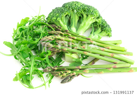 green farm vegetables, arugula, broccoli, asparagus on white background 131991137