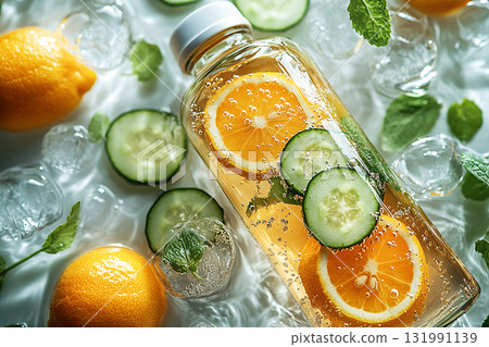 Food for fitness. Glass bottle of vitamin-infused water with slices of lemon and cucumber. 131991139