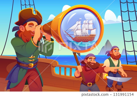 Pirate captain with spyglass looking for sail ship to boarding, vector piracy. Cartoon corsair captain and crew characters at wooden deck of pirate sailboat preparing to attack with sword and axe Pirate captain with spyglass looking for sail ship to boarding, vector piracy. Cartoon corsair captain and crew characters at wooden deck of pirate sailboat preparing to attack with sword and axe 131991154