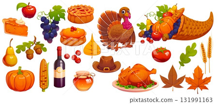Happy Thanksgiving Day autumn harvest food and turkey character, vector fall feast holiday set. Cartoon autumn leaves, Thanksgiving dinner roast turkey, ripe fruit and vegetables in harvest cornucopia Happy Thanksgiving Day autumn harvest food and turkey character, vector fall feast holiday set. Cartoon autumn leaves, Thanksgiving dinner roast turkey, ripe fruit and vegetables in harvest cornucopia 131991163