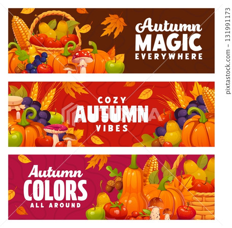 Autumn fall season banners with color foliage of red, yellow and orange leaves and thanksgiving harvest of pumpkins, fruits, mushrooms and vegetables. Vector messages celebrating the harvest season 131991173