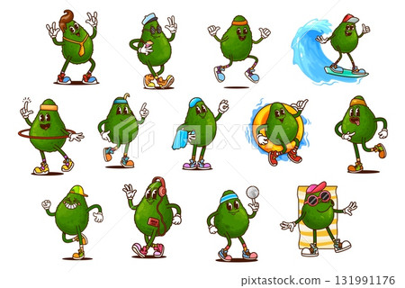 Cartoon groovy avocado characters doing sport and beach activities. Funny retro hippie fruit food vector personages of groovy green avocados running, swimming and sunbathing with sunglasses, surfboard 131991176