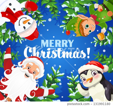 Cartoon Christmas characters Santa Claus, penguin, elf with balls and snowman with cute red hat and mittens. Blue holiday greeting card with adorable personages, pine trees and quote Merry Christmas Cartoon Christmas characters Santa Claus, penguin, elf with balls and snowman with cute red hat and mittens. Blue holiday greeting card with adorable personages, pine trees and quote Merry Christmas 131991180