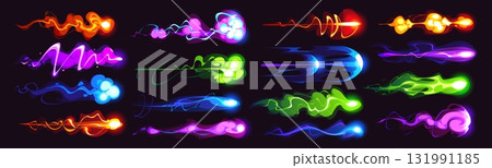 Laser and plasma blaster gun game effect of cartoon energy blast or fire beam, vector VFX set. Laser gun or plasma blaster game effects of lightning or magic energy blasts with flame shot or fireball 131991185