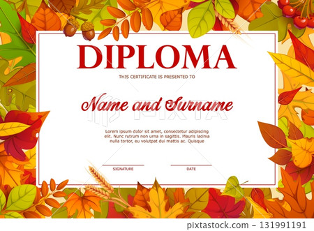 Kids diploma with autumn fall season leaves. Vector autumn certificate template with colorful fall leaves, acorns, and berries. Cartoon festive layout for seasonal awards, school or holiday events Kids diploma with autumn fall season leaves. Vector autumn certificate template with colorful fall leaves, acorns, and berries. Cartoon festive layout for seasonal awards, school or holiday events 131991191