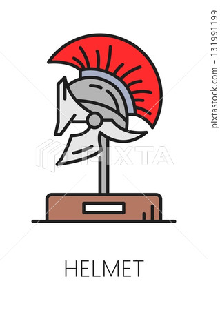 Museum art gallery and exhibition color line icon of warrior helmet, vector pictogram. Museum antique archeology exhibit or ancient history gallery icon of Greek, Roman or Spartan gladiator helmet 131991199