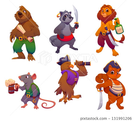 Cartoon funny animal pirate and corsair characters of ship crew, vector personages. Caribbean pirate animals, raccoon sailor with saber sword, lion boatswain with rum and eagle captain with spyglass 131991206