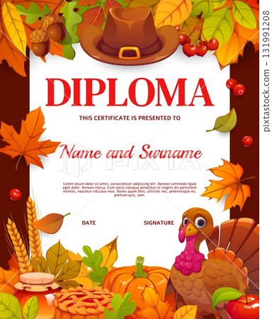 Kids diploma with Thanksgiving holiday harvest of funny turkey and autumn leaves, vector certificate. Acorns, pumpkins with wheat and cranberries, honey and autumn fall leaves for diploma certificate 131991208